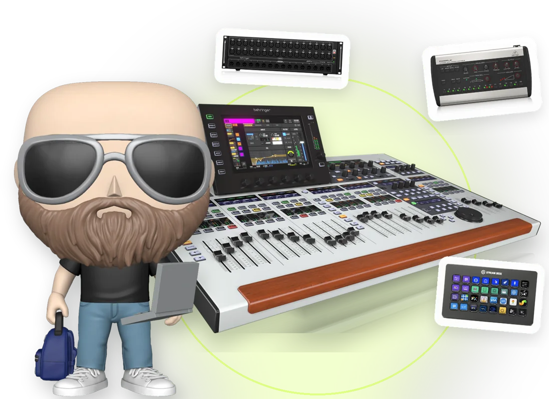 Mike Fox's Funko figure in front of a Behringer Wing console